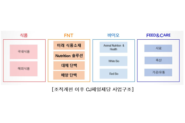 CJ제일제당_FNT사업부문 사업 구조.1. 식품 사업: 국내식품, 해외식품 2.FNT사업: 미래 식품소재, Nutrition 솔루션, 대체단백, 배양단백 3. 바이오: Animal Nutrition&Health, White Bio, Red Bio 4.Feed&Care: 사료, 축산, 가공/유통 사업구조를 가진다.