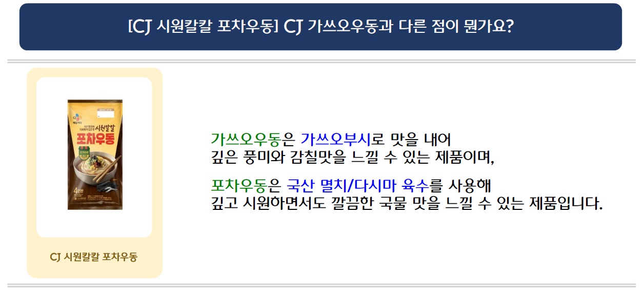 [CJ 시원칼칼 포차우동] CJ 가쓰오우동과 다른 점이 뭔가요?
CJ 시원칼칼 포차우동 제품 이미지 삽입
가쓰오우동은 가쓰오부시로 맛을 내어 깊은 풍미와 감칠맛을 느낄 수 있는 제품이며,
포차우동은 국산 멸치/다시마 육수를 사용해 깊고 시원하면서도 깔끔한 국물 맛을 느낄 수 있는 제품입니다.
