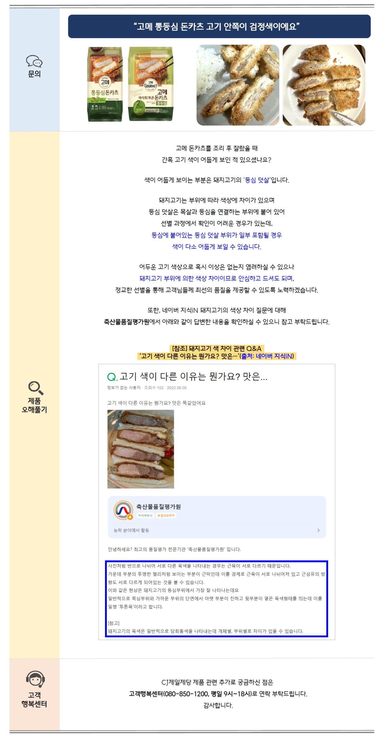 문의: “고메 통등심 돈카츠 고기 안쪽이 검정색이에요"
고메 통등심돈카츠 제품, 고메 바삭튀겨낸 돈카츠 제품, 돈카츠 자른 후 안쪽이 어둡게 보이는 예시 이미를 순서대로 삽입 

제품 오해풀기:  고메 돈카츠를 조리 후 잘랐을 때 간혹 고기 색이 어둡게 보인 적 있으셨나요?
색이 어둡게 보이는 부분은 돼지고기의 ‘등심 덧살’입니다.
돼지고기는 부위에 따라 색상에 차이가 있으며 등심덧살은 목살과 등심을 연결하는 부위에 붙어 있어 선별 과정에서 확인이 어려운 경우가 있는데, 등심에 붙어있는 등심덧살 부위가 일부 포함될 경우 색이 다소 어둡게 보일 수 있습니다.
어두운 고기 색상으로 혹시 이상은 없는지 염려하실 수 있으나 돼지고기 부위에 의한 색상 차이이므로 안심하고 드셔도 되며, 정교한 선별을 통해 고객님들께 최선의 품질을 제공할 수 있도록 노력하겠습니다.
또한, 네이버 지식iN 돼지고기의 색상 차이 질문에 대해 축산물품질평가원에서 아래와 같이 답변한 내용을 확인하실 수 있으니 참고 부탁드립니다.
[참조] 돼지고기 색 차이 관련 Q&A
'고기 색이 다른 이유는 뭔가요? 맛은... (출처: 네이버 지식iN)
Q. 고기 색이 다른 이유는 뭔가요? 맛은...
고기 색이 다른 이유는 뭔가요? 맛은 똑같았어요
축산물품질평가원 답변
안녕하세요? 최고의 품질평가 전문기관 '축산물품질평가원' 입니다.
사진처럼 반으로 나뉘어 서로 다른 육색을 나타내는 경우는 근육이 서로 다르기 때문입니다.
가운데 부분의 투명한 젤리처럼 보이는 부분이 근막인데 이를 경계로 근육이 서로 나뉘어져 있고 근섬유의 방향도 서로 다르게 되어있는 것을 볼 수 있습니다.
이와 같은 현상은 돼지고기의 등심부위에서 가장 잘 나타나는데요
일반적으로 목심부위와 가까운 부위의 단면에서 아랫 부분이 진하고 윗부분이 옅은 육색형태를 띄는데 이를 일명 '투톤육'이라고 합니다.
[참고]
돼지고기의 육색은 일반적으로 담회홍색을 나타내는데 개체별, 부위별로 차이가 있을 수 있습니다.

고객 행복센터: CJ제일제당 제품 관련 추가로 궁금하신 점은 고객행복센터(080-850-1200, 평일 9시~18시)로 연락 부탁드립니다. 
감사합니다.