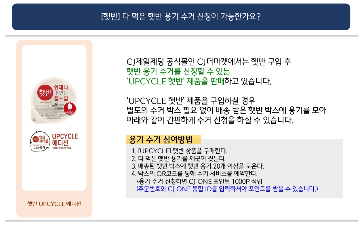 [햇반] 다 먹은 햇반 용기 수거 신청이 가능한가요?
햇반 UPCYCLE 사이클 에디션 제품 이미지와 로고 이미지 제공
CJ제일제당 공식몰인 CJ더마켓에서는 햇반 구입 후 햇반 용기 수거를 신청할 수 있는
'UPCYCLE 햇반' 제품을 판매하고 있습니다.
‘UPCYCLE 햇반' 제품을 구입하실 경우 별도의 수거 박스 필요 없이 배송 받은 햇반 박스에 용기를 모아 아래와 같이 간편하게 수거 신청을 하실 수 있습니다.
용기 수거 참여방법
1. [UPCYCLE] 햇반 상품을 구매한다.
2. 다 먹은 햇반 용기를 깨끗이 씻는다.
3. 배송된 햇반 박스에 햇반 용기 20개 이상을 모은다.
4. 박스의 QR코드를 통해 수거 서비스를 예약한다.
*용기 수거 신청하면 CJ ONE 포인트 1000P 적립
(주문번호와 CJ ONE 통합 ID를 입력하셔야 포인트를 받을 수 있습니다.)
