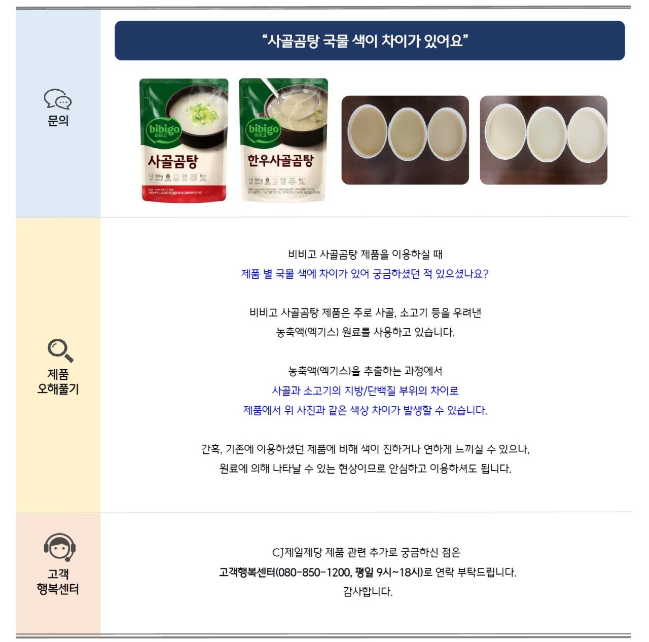 문의: 사골곰탕 국물 색이 차이가 있어요 (하단: 비비고 사골곰탕 제품 이미지 및 국물 색상 비교 이미지)
제품 오해풀기: 비비고 사골곰탕 제품을 이용하실 때 제품 별 국물 색에 차이가 있어 궁금하셨던 적 있으셨나요?
비비고 사골곰탕 제품은 주로 사골, 소고기 등을 우려낸 농축액(엑기스) 원료를 사용하고 있습니다.
농축액(엑기스)을 추출하는 과정에서 사골로 소고기의 지방/단백질 부위의 차이로 제품에서 위 사진과 같은 색상 차이가 발생할 수 있습니다.
간혹, 기존에 이용하셨던 제품에 비해 색이 진하거나 연하게 느끼실 수 있으나, 원료에 의해 나타날 수 있는 현상이므로 안심하고 이용하셔도 됩니다.
고객 행복센터: CJ제일제당 제품 관련 추가로 궁금하신 점은 고객행복센터(080-850-1200, 평일 9시~18시)로 연락 부탁드립니다. 감사합니다.