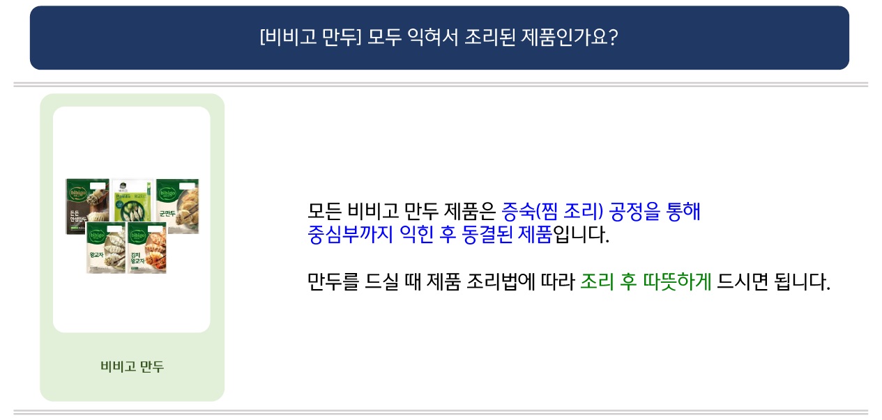 문의: [비비고 만두] 모두 익혀서 조리된 제품인가요?
답변: (좌측: 비비고 만두 제품 이미지) 모든 비비고 제품은 중숙(찜 조리) 공정을 통해 중심부까지 익힌 후 동결된 제품입니다.
만두를 드실 때 제품 조리법에 따라 조리 후 따뜻하게 드시면 됩니다.