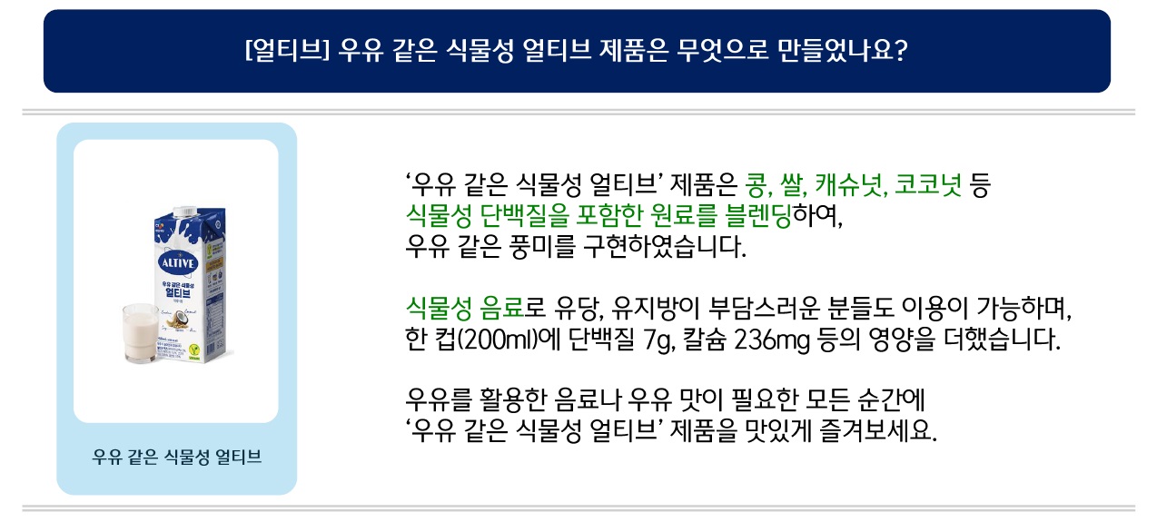 [얼티브] 우유 같은 식물성 얼티브 제품은 무엇으로 만들었나요? ‘우유 같은 식물성 얼티브’ 제품은 콩, 쌀, 캐슈넛, 코코넛 등 식물성 단백질을 포함한 원료를 블렌딩하여, 우유 같은 풍미를 구현하였습니다. 식물성 음료로 유당, 유지방이 부담스러운 분들도 이용이 가능하며, 한 컵(200ml)에 단백질 7g, 칼슘 236mg 등의 영양을 더했습니다. 우유를 활용한 음료나 우유 맛이 필요한 모든 순간에 ‘우유 같은 식물성 얼티브’ 제품을 맛있게 즐겨보세요.