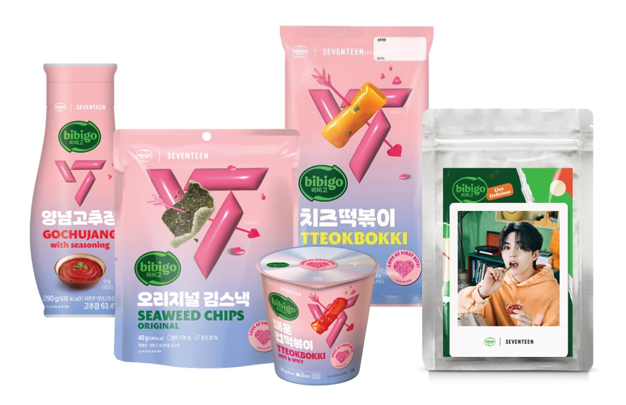 비비고 호텔 팝업에서 만나볼 수 있는 스페셜 패키지 비비고 제품과, 제품 구매 이벤트를 통해 받을 수 있는 '비비고 I 세븐틴' 스냅포토