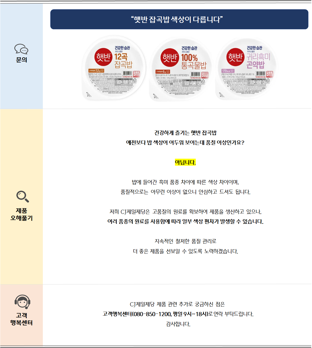 문의: 고메 함박스테이크 냉장과 냉동 어떤 차이가 있나요? 제품 오해풀기: 햇반 잡곡밥 색깔이 다릅니다
건강하게 즐기는 햇반 잡곡밥 예전보다 밥 색상이 어두워 보이는데 품질 이상인가요? 아닙니다. 밥에 들어간 흑미 품종 차이에 따른 색상 차이이며, 품질적으로는 아무런 이상이 없으니 안심하고 드셔도 됩니다. 저희 CJ제일제당은 고품질의 원료를 확보하여 제품을 생산하고 있으나, 여러 품종의 원료를 사용함에 따라 일부 색상 편차가 발생할 수 있습니다. 지속적인 철저한 품질 관리로 더 좋은 제품을 선보일 수 있도록 노력하겠습니다. 고객 행복센터: CJ제일제당 제품 관련 추가로 궁금하신 점은 고객행복센터(080-850-1200, 평일 9시~18시)로 부탁드립니다. 감사합니다.