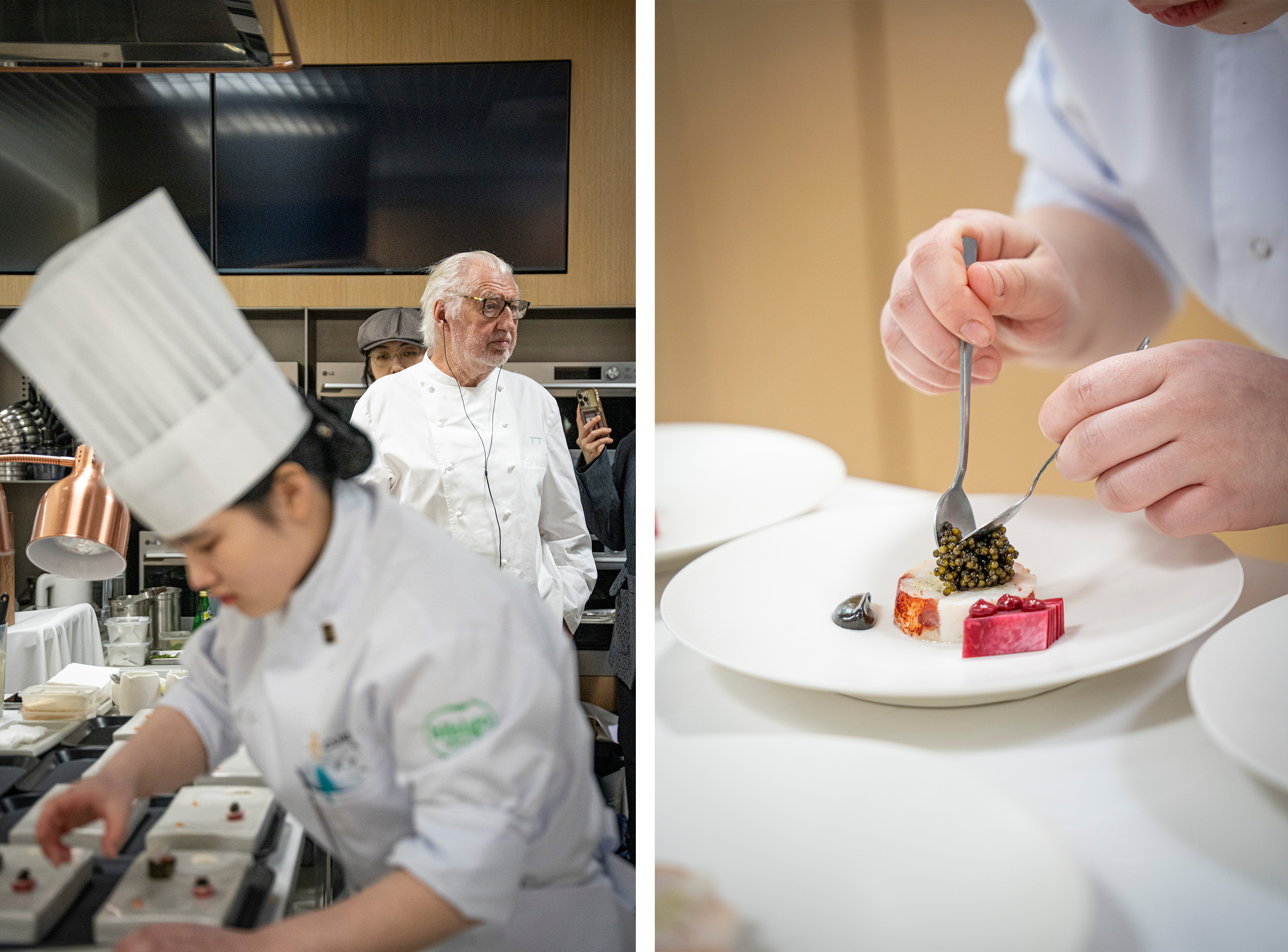 Pierre Gagnaire takes in the details of the premium studio-style kitchen,  while a young chef prepares the dish “Lobster Sundae with Bisque Gochujang”