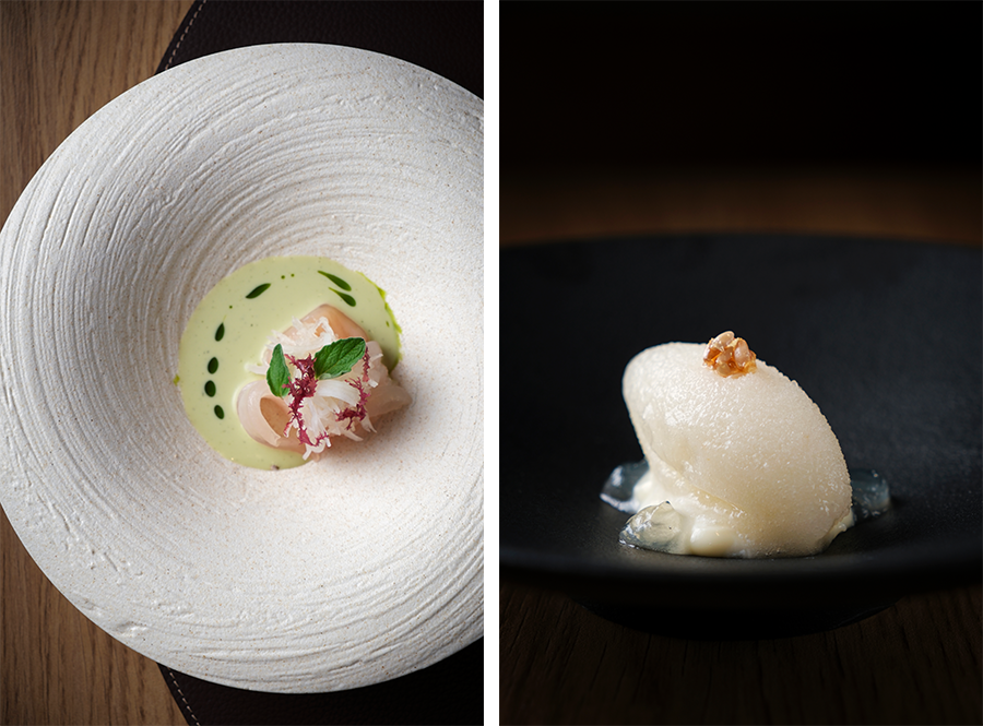 (Left) Dongchimi mulhoe made from scratch&nbsp; (Right) Chamoe and yuja sorbet—a reinterpretation of a fruit that may be unfamiliar to local diners  