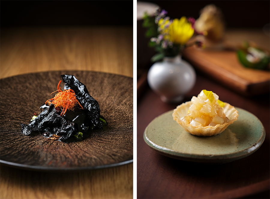 (Left) Mystery Chicken (Right) Cuttlefish tart