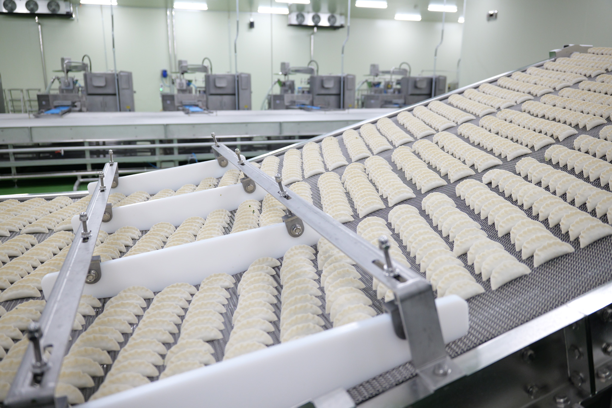 Lines of bibigo Mandu move down factory machines.