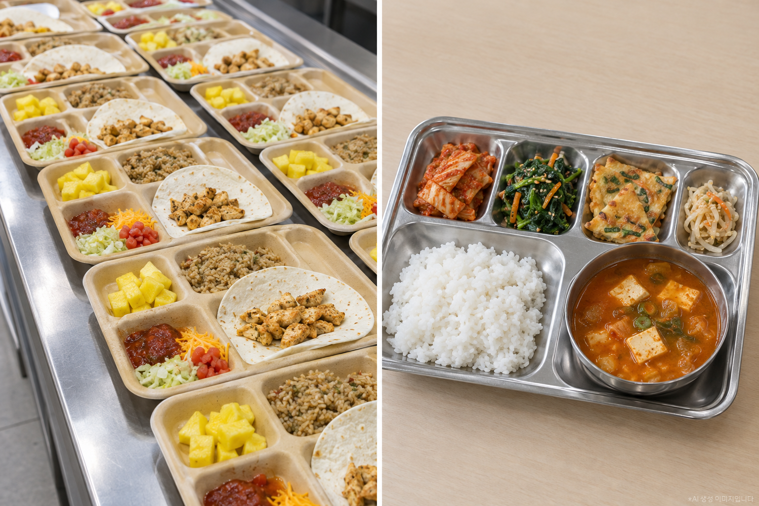 (왼)미국 급식은 치킨 등 메인 요리에 사이드로 밥이 제공되는 한편, (오)한국 급식은 밥이 큰 비중을 차지하는 형태로 구성된다