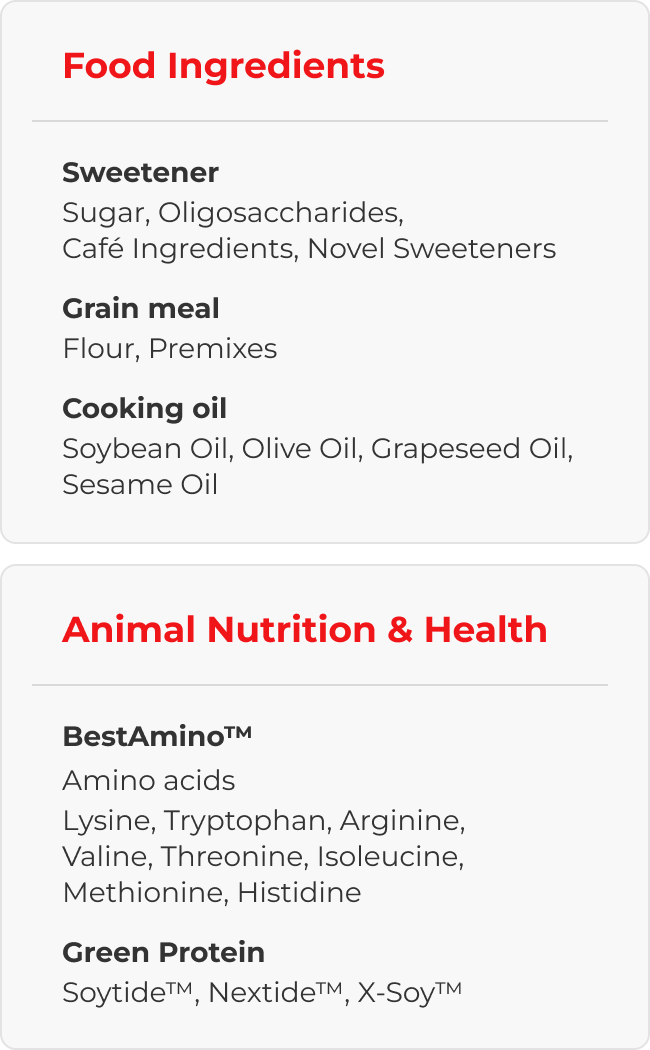 Food Ingredients; Sweetener - 설탕, 올리고당, 카페소재, 新감미료, Grain meal - 밀가루, 프리믹스, Cooking oil - 대두유, 올리브유, 포도씨유, 참기름, Animal Nutrition & Health : BestAmio™ - Amino acids, 라이신, 트립토판, 알지닌, 발린, 쓰레오닌, 이소류신, 메치오닌, 히스티딘, Green Protein - Soytide™, Nextide™, X-Soy™