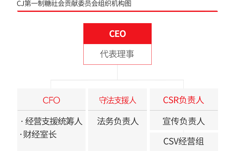 CJ第一制糖社会贡献委员会组织机构图。CEO(代表理事) - CFO(经营支援统筹人, 财经室长) / 守法支援人(法务负责人) / CSR负责人(宣传负责人) - CSV经营组