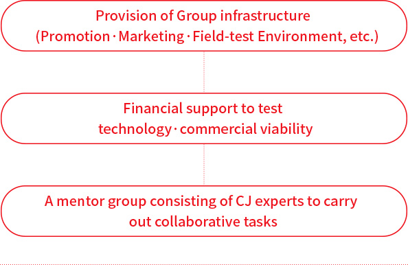 Provision of Group infrastructure (Promotion·
                Marketing·Field-test Environment, etc.), Financial support to test technology·commercial viability, A mentor group consisting of CJ experts to carry out collaborative tasks
